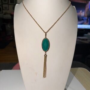 Premier Design Elegant Gold Tone Oval Gemstone Tassel Pendant Necklace